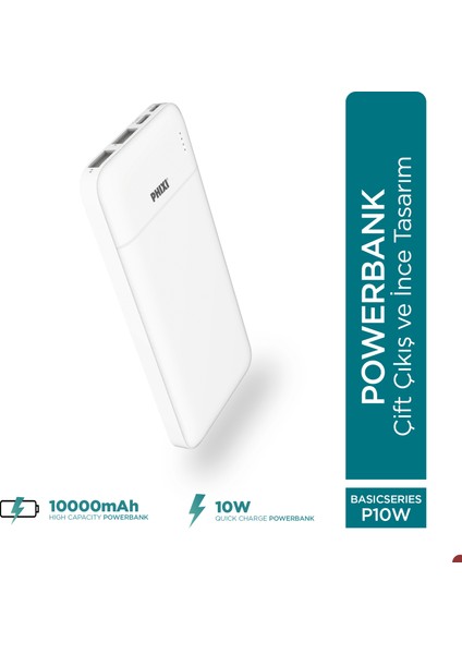 Basic P10 10000mAh Powerbank 10W - 2 Port LED Gösterge - Taşınabilir Şarj Cihazı