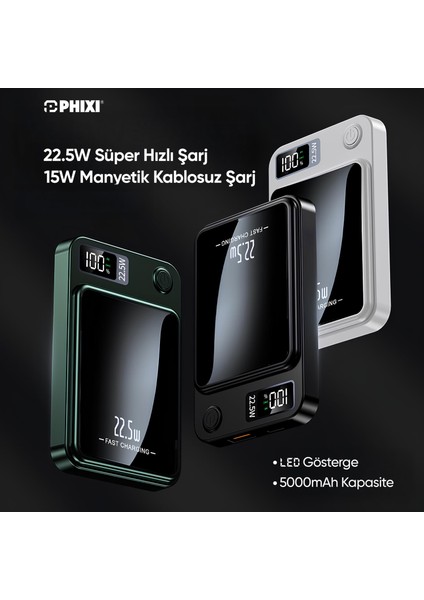 Force PW5 5000mAh 22.5W MagSafe Powerbank - Kablosuz Mini Şarj Cihazı - 1 USB 1 PD Port - Dijital Ekran - Taşınabilir Şarj Cihazı fiyatları