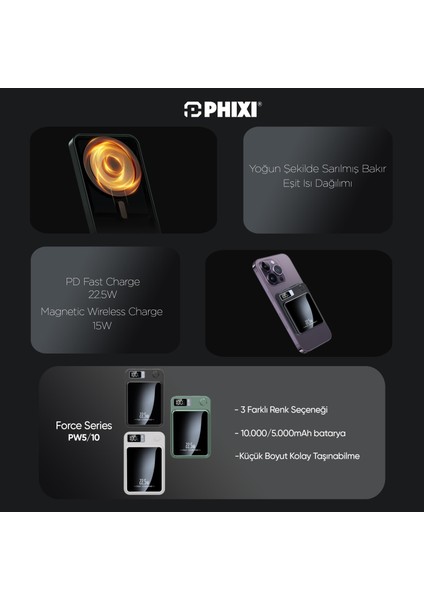 Force PW5 5000mAh 22.5W MagSafe Powerbank - Kablosuz Mini Şarj Cihazı - 1 USB 1 PD Port - Dijital Ekran - Taşınabilir Şarj Cihazı modelleri