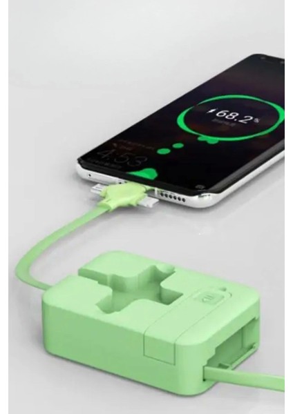 Cep Tipi Telefon Tutuculu Makaralı Uzayıp Kısalabilen 3'ü 1 Arada USB Şarj Kablosu