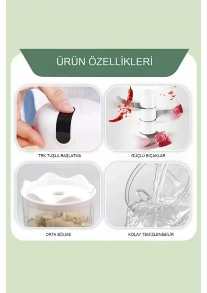 Pratik Mini El Rondosu Şarjlı Çelik 3 Bıçaklı 250 ml Mutfak Robotu Hazneli Rondo Sebze Et Doğrayıcı Rende