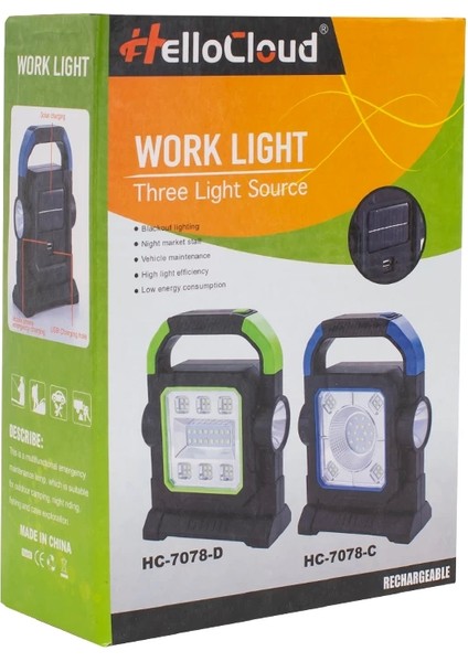 HC-7078-C 3 Çalışma Modlu Cob Ledli Solar Taşınabilir Şarjlı Solar Lamba
