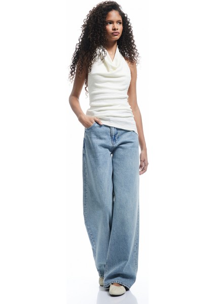 Yeni Sezon Degaje Yaka Asimetrik Slim Fit Drapeli Kolsuz Bluz