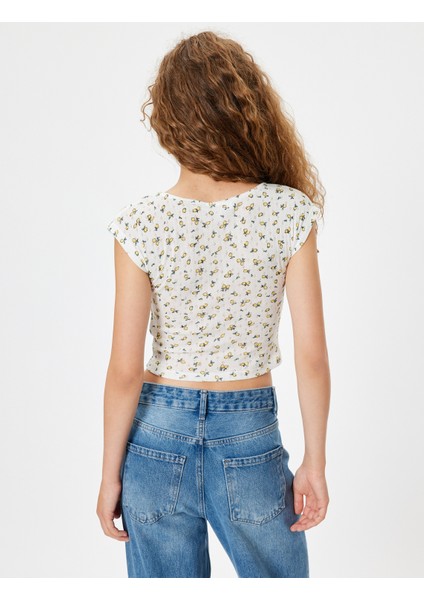 Yeni Sezon Meyve Baskılı Tişört Fiyonklu Kap Kol Kare Yaka Slim Fit Pamuklu fırsatları