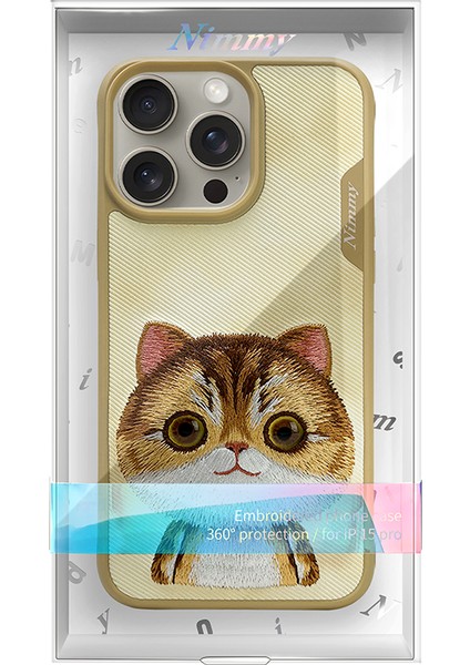 iPhone 15 Pro Uyumlu 3D Göz Golden Kedi Detaylı Gerçek Nakış İşlemeli Kabartmalı Big Eyes Kılıf