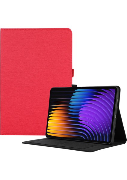 Xiaomi Pad 7/pad 7 Pro Deri Kılıf Kart Tutucu Kumaş Doku Tablet Standı Kapağı-Kırmızı (Yurt Dışından)