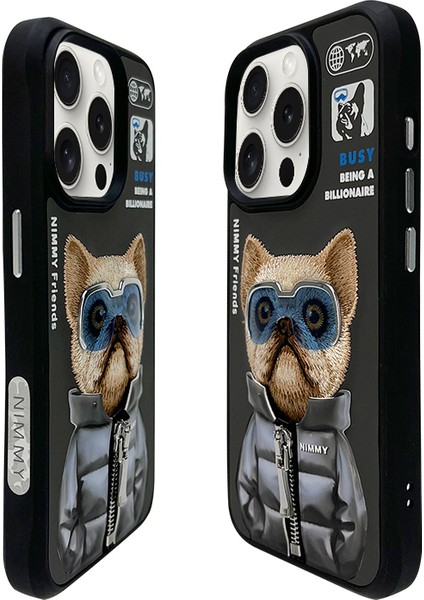iPhone 15 Pro Max Uyumlu 3D Gözlük Fermuar Köpek Detaylı Nakış İşlemeli Kabartmalı Cool Cute Kılıf