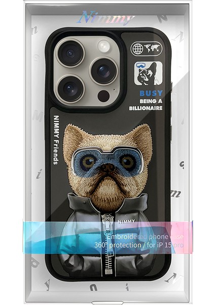 iPhone 15 Pro Max Uyumlu 3D Gözlük Fermuar Köpek Detaylı Nakış İşlemeli Kabartmalı Cool Cute Kılıf