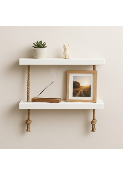 Jüt Ipli 2 Katlı Duvar Rafı – Beyaz Mdf Dekoratif Raf-30*13 cm