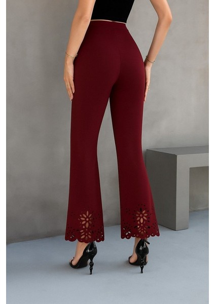 Kadın Yüksek Bel Paçaya Doğru Genişleyen Lazer Çiçek Kesim Detaylı Ithal Krep Pantolon fiyatları