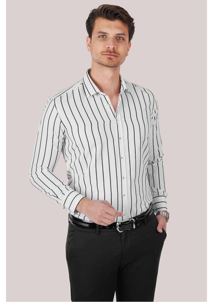 Beyaz Siyah Çizgili Slimfit Erkek Gömlek indirimleri