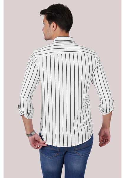 Beyaz Siyah Çizgili Slimfit Erkek Gömlek