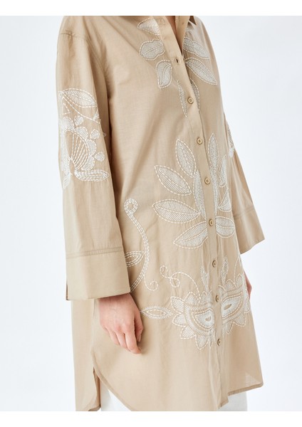 Yeni Sezon Pamuklu Floral Işleme Detaylı Gömlek Yaka Uzun Oversize Tunik