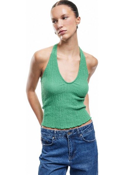 Yeni Sezon Bürümcük Kumaş Slim Fit Sırt Dekolteli Halter Yaka Üst