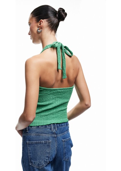 Yeni Sezon Bürümcük Kumaş Slim Fit Sırt Dekolteli Halter Yaka Üst modelleri