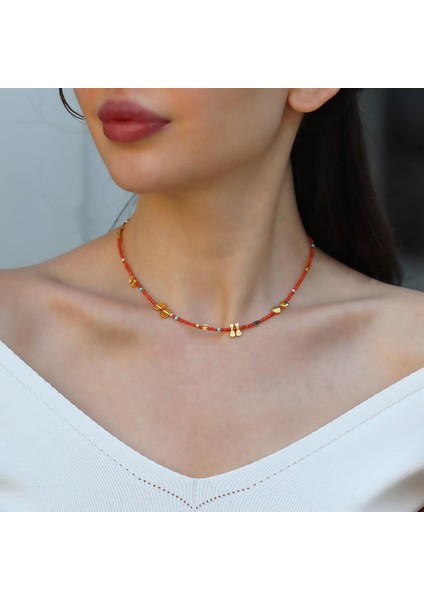 Mercan Taşlı Gold Doğaltaş Gümüş Kolye