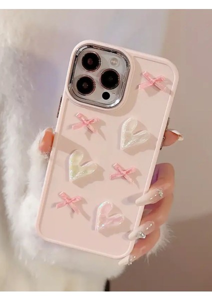 Apple iPhone 15 Pro Uyumlu Kılıf Kurdele ve Kalp Figürlü Darbeye Dayanıklı Sert Silikon Kapak