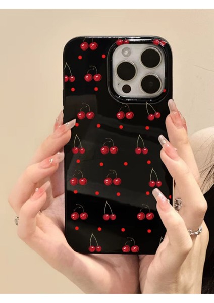 Iphone 14 Pro Max Uyumlu Kılıf Kiraz Desenli Parlak Darbelere Dayanıklı Yumuşak Silikon Kapak Siyah
