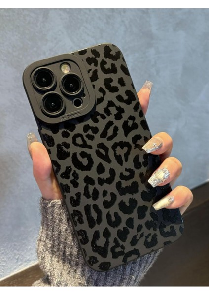 Iphone 14 Pro Max Uyumlu Kılıf Mat Siyah Leopar Desenli Yumuşak Kamera Korumalı Kapak