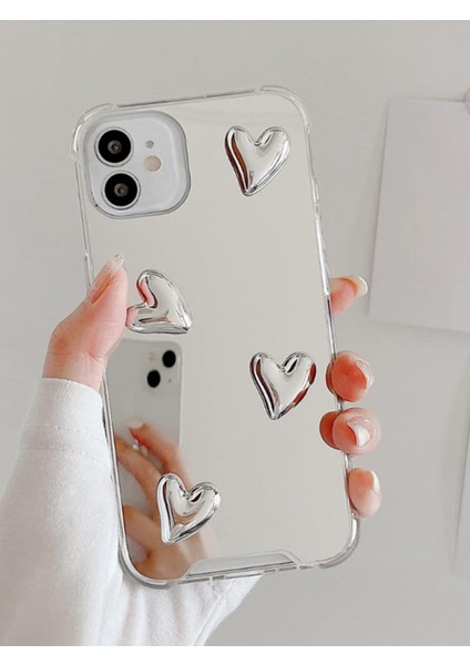 Iphone 11 Uyumlu Aynalı Kılıf Gümüş Kalp Tasarımlı Şık Darbelere Karşı Dayanıklı Esnek Kapak