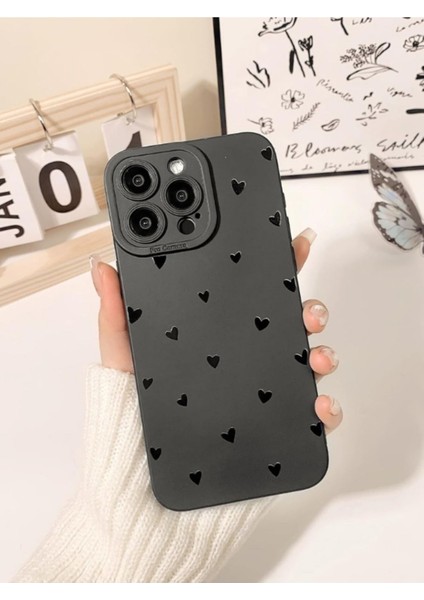 Iphone 14 Pro Max Uyumlu Kılıf Mat Siyah Kalp Desenli Yumuşak Kamera Korumalı Kapak