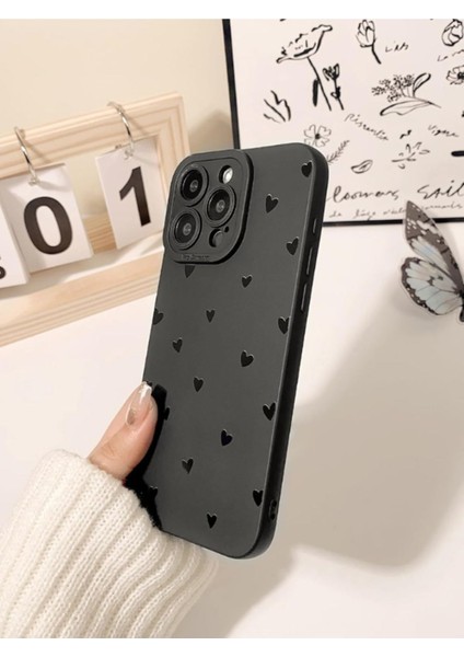 Iphone 14 Pro Max Uyumlu Kılıf Mat Siyah Kalp Desenli Yumuşak Kamera Korumalı Kapak modelleri