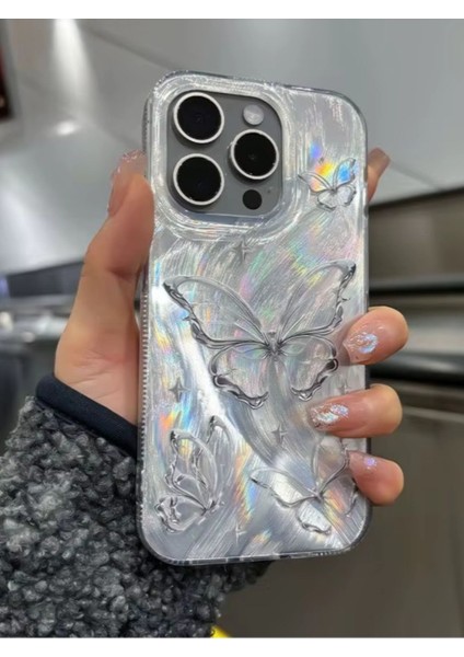 Apple iPhone 14 Pro Uyumlu Tüylü Kelebek Hologramlı Kılıf Darbeye Karşı Dayanıklı Kapak