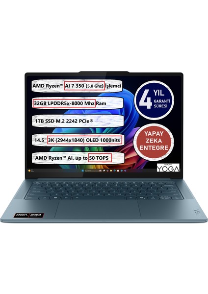 Yoga Pro 7 14AKP10 Amd Ryzen Aı 7 350 32GB Ram 1tb SSD 14,5" OLED 83KG000GTR Freedos Taşınabilir Bilgisayar
