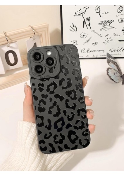 Iphone 15 Pro Max Uyumlu Kılıf Mat Siyah Leopar Desenli Yumuşak Kamera Korumalı Kapak