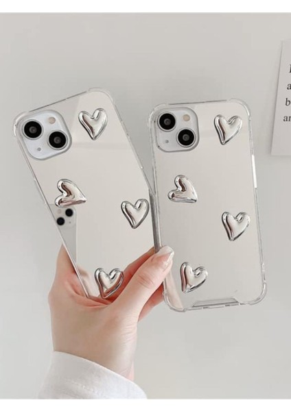 Iphone 13/14 Uyumlu Aynalı Kılıf Gümüş Kalp Tasarımlı Darbelere Karşı Dayanıklı Esnek Kapak