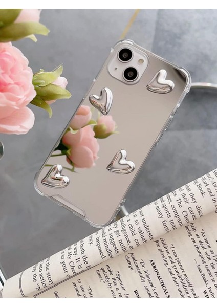 Iphone 13/14 Uyumlu Aynalı Kılıf Gümüş Kalp Tasarımlı Darbelere Karşı Dayanıklı Esnek Kapak modelleri