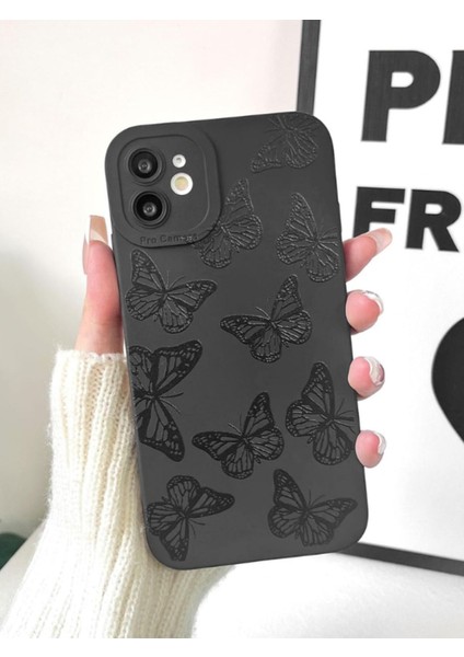 Iphone 11 Uyumlu Kılıf Mat Siyah Kelebek Desenli Darbelere Dayanıklı Yumuşak Kamera Korumalı Kapak