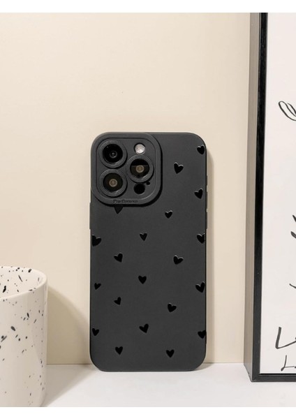 Iphone 15 Pro Max Uyumlu Kılıf Mat Siyah Kalp Desenli Yumuşak Kamera Korumalı Kapak modelleri