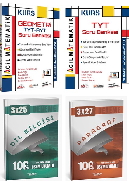 Anla Kazan + Acil 2026 Tyt Kurs Matematik ve Geometri Soru Paragraf Dil Bilgisi Deneme 4 Lü Set fiyatları