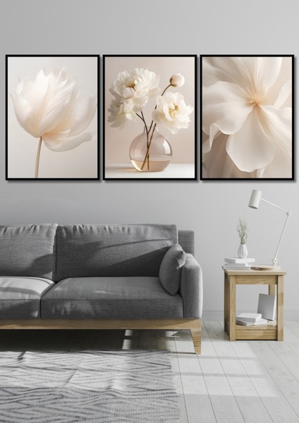 Siyah Çerçeve Görünümlü 3lü Beyaz Çiçekler Duvar Dekoru Salon Oturma Yatak Odası Için Tablo Seti