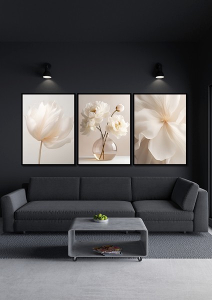 Siyah Çerçeve Görünümlü 3lü Beyaz Çiçekler Duvar Dekoru Salon Oturma Yatak Odası Için Tablo Seti fiyatları
