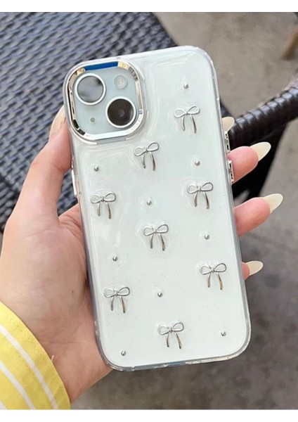Apple iPhone 15 Plus-14 Plus Uyumlu Fiyonk Desenli Şeffaf Kılıf Simli Darbeye Karşı Dayanıklı Kapak