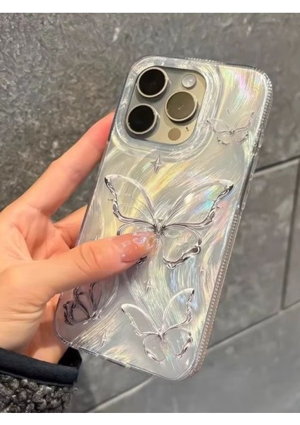 Apple iPhone 15 Pro Uyumlu Tüylü Kelebek Hologramlı Kılıf Darbeye Karşı Dayanıklı Kapak