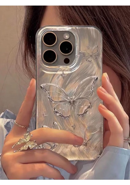 Apple iPhone 16 Pro Max Uyumlu Tüylü Kelebek Hologramlı Kılıf Darbeye Karşı Dayanıklı Kapak