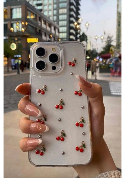 Apple iPhone 16 Pro Max Uyumlu Epoksi Kiraz Desenli Şeffaf Kılıf Simli Darbeye Karşı Dayanıklı Kapak fiyatları