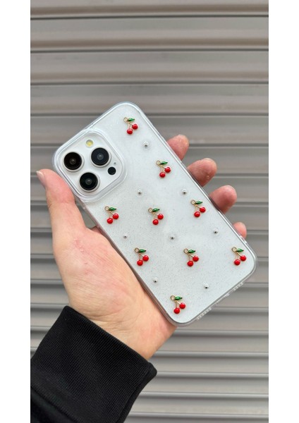 Apple iPhone 16 Pro Max Uyumlu Epoksi Kiraz Desenli Şeffaf Kılıf Simli Darbeye Karşı Dayanıklı Kapak modelleri