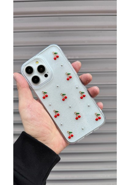 Apple iPhone 16 Pro Max Uyumlu Epoksi Kiraz Desenli Şeffaf Kılıf Simli Darbeye Karşı Dayanıklı Kapak fırsatları