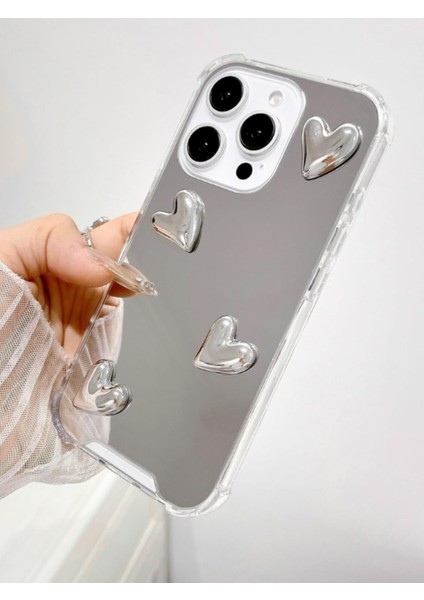 Iphone 16 Pro Uyumlu Aynalı Kılıf Gümüş Kalp Tasarımlı Şık Darbelere Karşı Dayanıklı Esnek Kapak