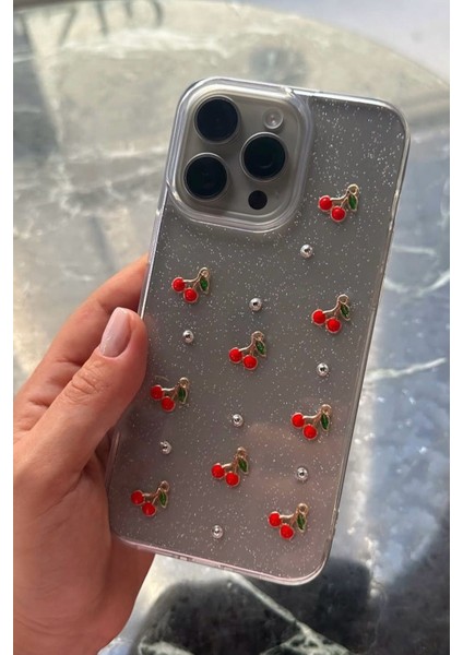 Apple iPhone 15 Pro Max Uyumlu Epoksi Kiraz Desenli Şeffaf Kılıf Simli Darbeye Karşı Dayanıklı Kapak fırsatları