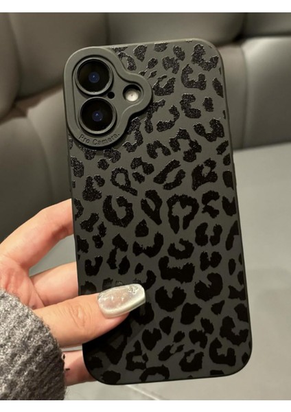 Iphone 16 Uyumlu Kılıf Mat Siyah Leopar Desenli Darbelere Dayanıklı Yumuşak Kamera Korumalı Kapak
