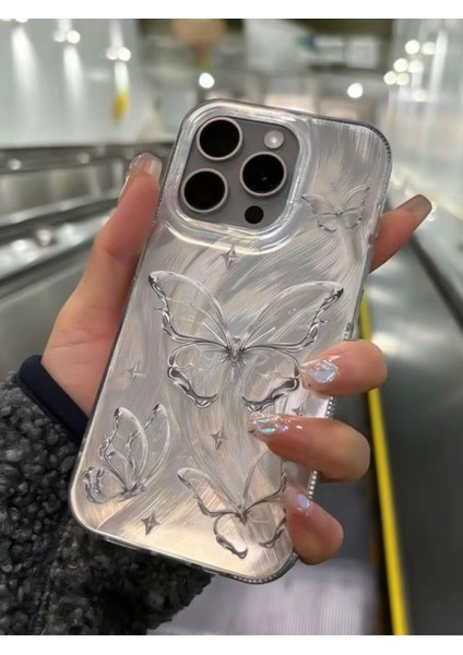 Apple iPhone 15 Pro Max Uyumlu Tüylü Kelebek Hologramlı Kılıf Darbeye Karşı Dayanıklı Kapak
