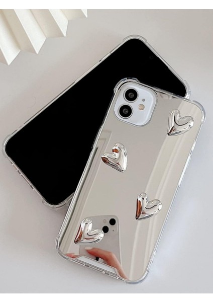 Iphone 12/12PRO Uyumlu Aynalı Uyumlu Kılıf Gümüş Kalp Tasarımlı Şık Darbelere Karşı Dayanıklı Kapak modelleri