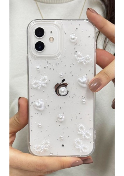 Iphone 12/12PRO Uyumlu Kılıf Inci Kalpli Fiyonk Şeffaf Kılıf Simli Darbeye Karşı Dayanıklı Kapak