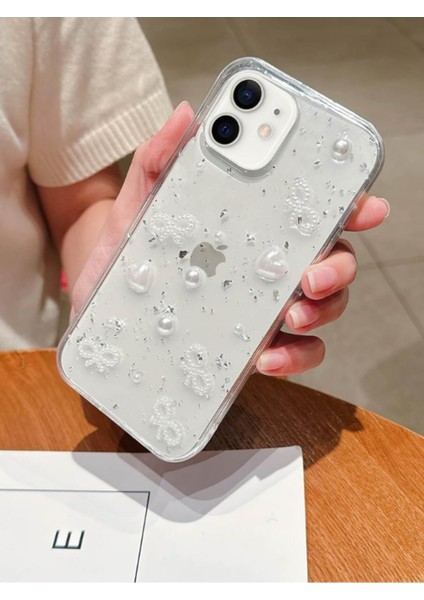 Iphone 12/12PRO Uyumlu Kılıf Inci Kalpli Fiyonk Şeffaf Kılıf Simli Darbeye Karşı Dayanıklı Kapak modelleri