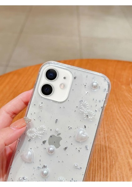 Iphone 12/12PRO Uyumlu Kılıf Inci Kalpli Fiyonk Şeffaf Kılıf Simli Darbeye Karşı Dayanıklı Kapak fırsatları